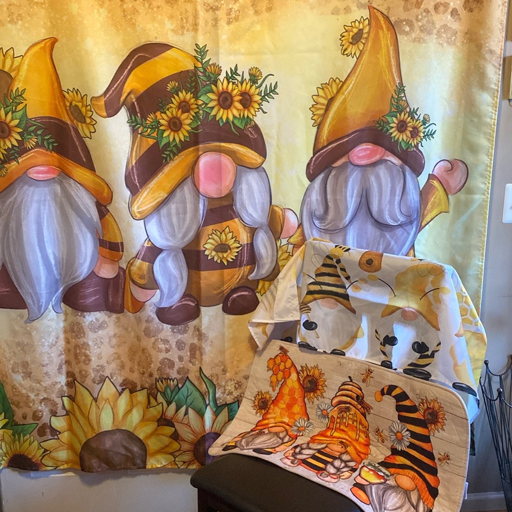 Sunflower fall gnomes bathroom set Shower curtain, window valance bath rug